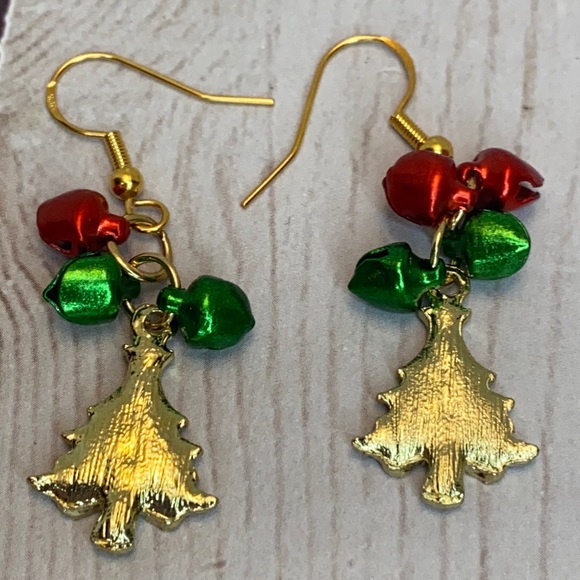 Holiday Christmas Tree Bells Dangling Earrings - Picture 5 of 6